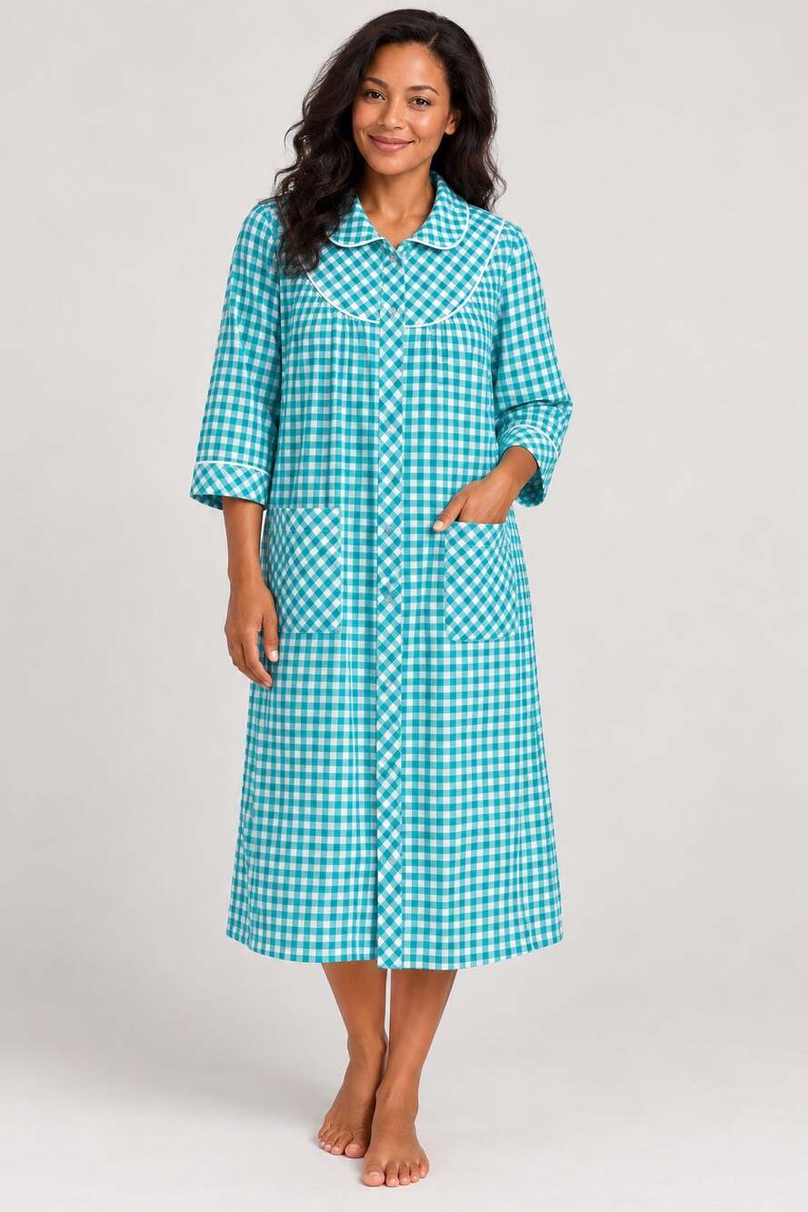Small Classic Traditional Gingham Plaid Snap Front Robe Pockets Nightgown NWT
